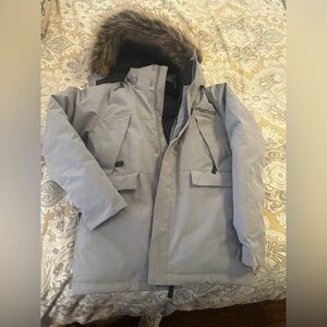 Kids large Marmot light gray waterproof down jacket. This was never worn.